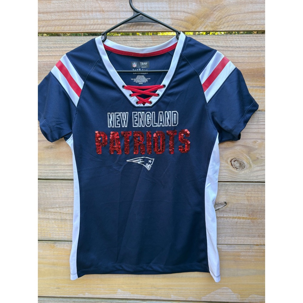 NFL Team Apparel New England Patriots Sequin Lace Up Jersey Shirt Womens Medium